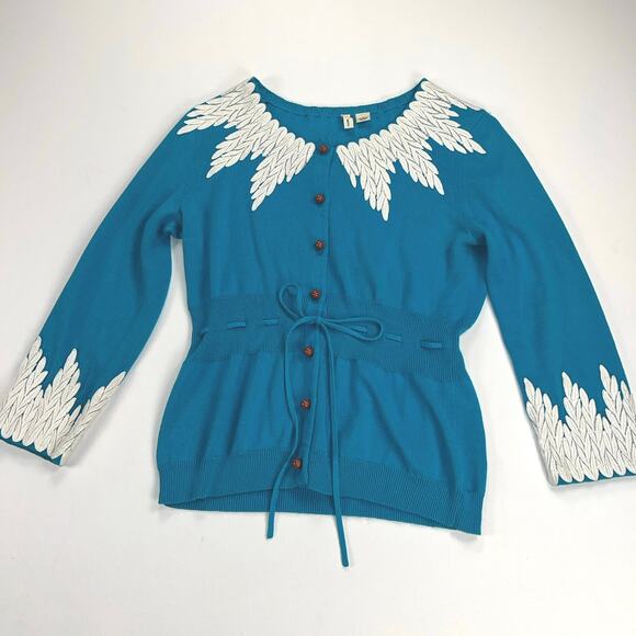 Anthropologie MOTH Wisteria Cardigan Sweater Teal Blue White Lace Trim Size M - Picture 3 of 11